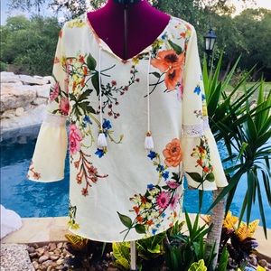 Yellow Chenault  blouse with multi-color flowers